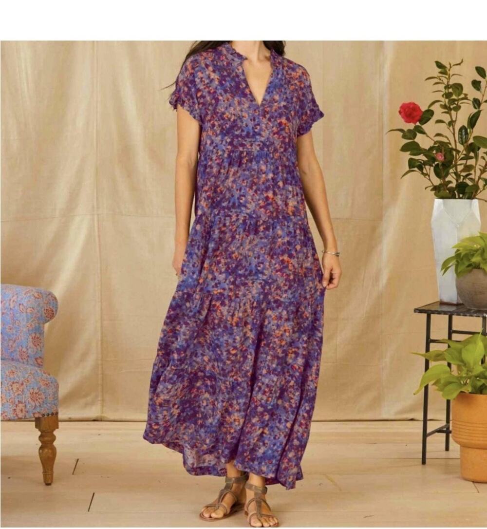 Marie Oliver Dress Size 1 US 18 Floral Ruffle V Neck Tiered Maxi Boho Chiffon